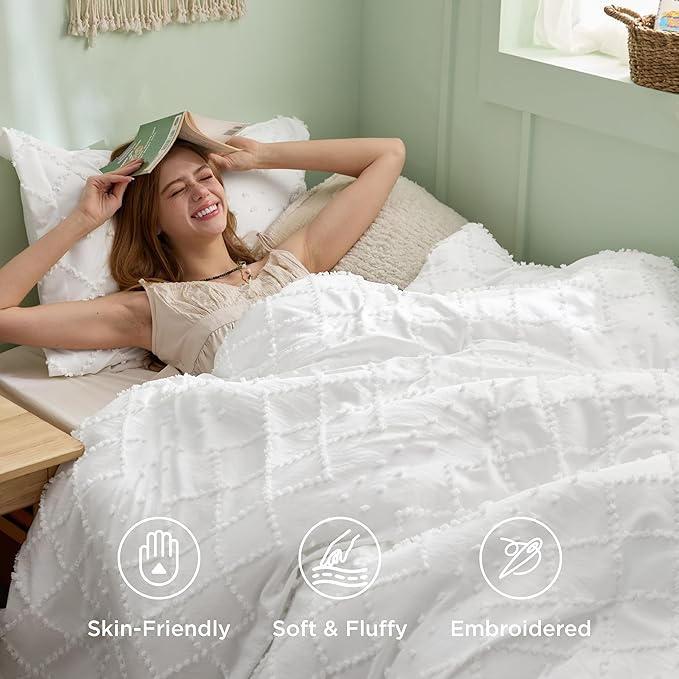 Bedsure Boho Twin Duvet Cover Size - White Breathable & Soft Boho Bedding, Machine Washable Comforter Cover for All Seasons, Includes 1 Duvet Cover 68"x90" with 1 Pillow Sham & Zipper Closure