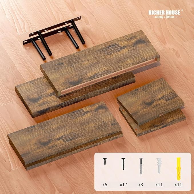 RICHER HOUSE Floating Shelves Set of 3, Modern Bathroom Shelves Wall Mounted Shelves with Invisible Brackets Over Toilet, Rustic Wall Shelves for Bathroom Bedroom, Living Room, Kitchen - Brown