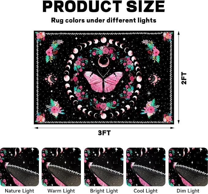Pink Butterfly Area Rug 2'x3' Moon Phase Floral Rugs for Entryway Bedroom Living Room Kitchen Home Decor Boho Gothic Butterfly Carpet Non-Slip Washable Floor Mat