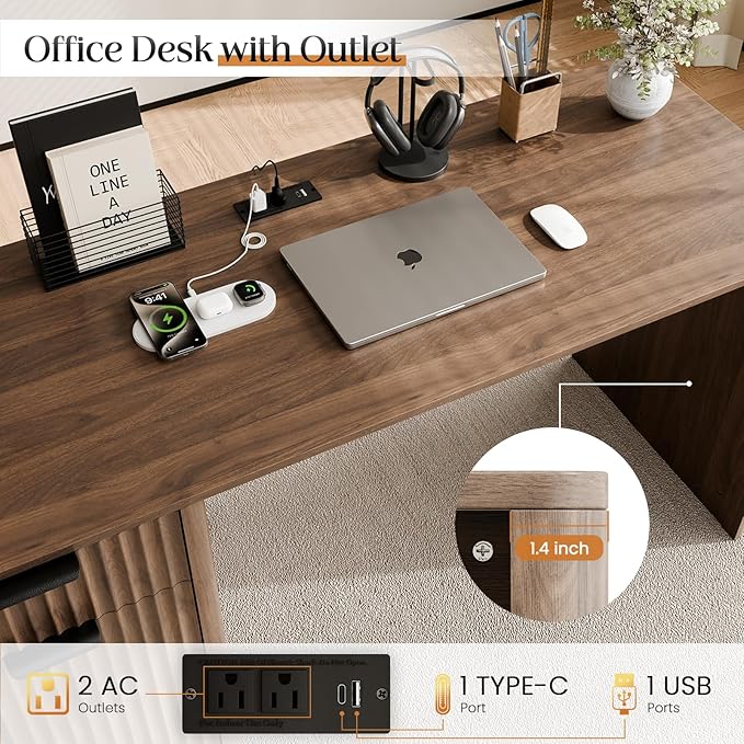58" Fluted Home Office Desks with Storage, Modern Executive Desk Computer Desk with Drawer & Cabinet, Wood Work Desk for Office, Bedroom, Study, Living Room, Walnut