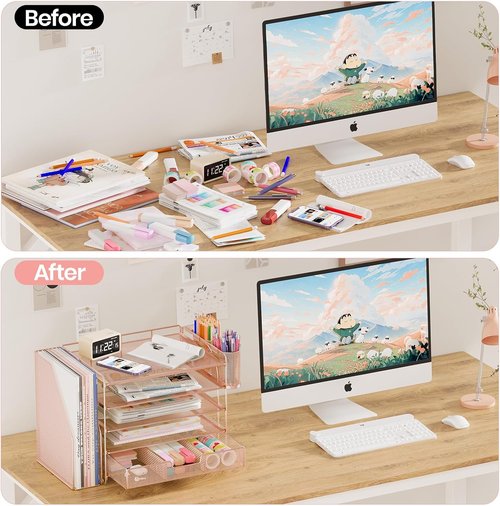 OPNICE Desk Organizer - 5-Tier Paper File Holder with Drawer & Pen Holder | Rose Gold Office Accessory