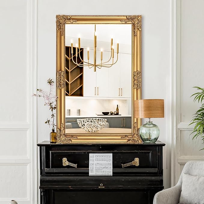 TRAHOME Vintage Gold Mirror for Wall, 30"x45" Antique Decorative Baroque Mirror with Imitation Metal Frame, Ornate Decorative Wall Mirror Decor for Entryway, Fireplace, Living Room, Hallway
