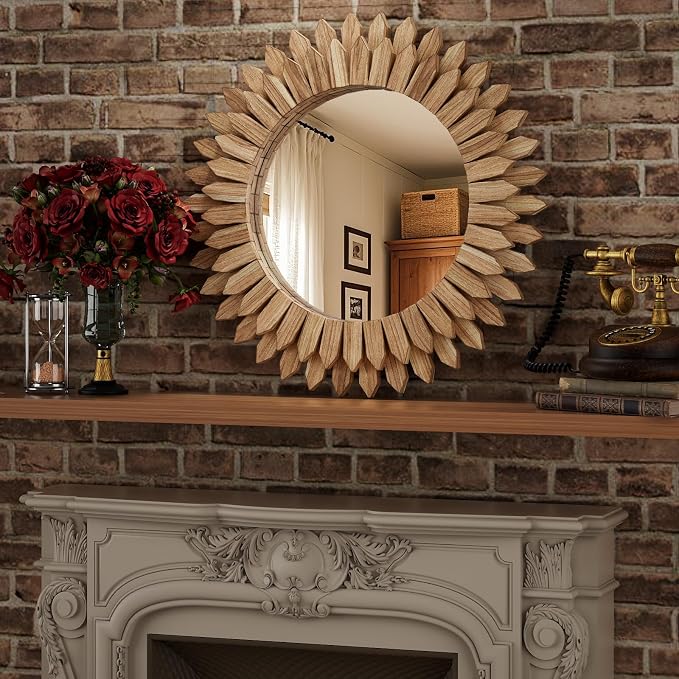 28 Inch Brown Boho Wall Decor Sunburst Mirror - Round Wooden Wall Decor, Handmade Rustic Circular Mirror for Living Room, Bedroom, Entryway, Office