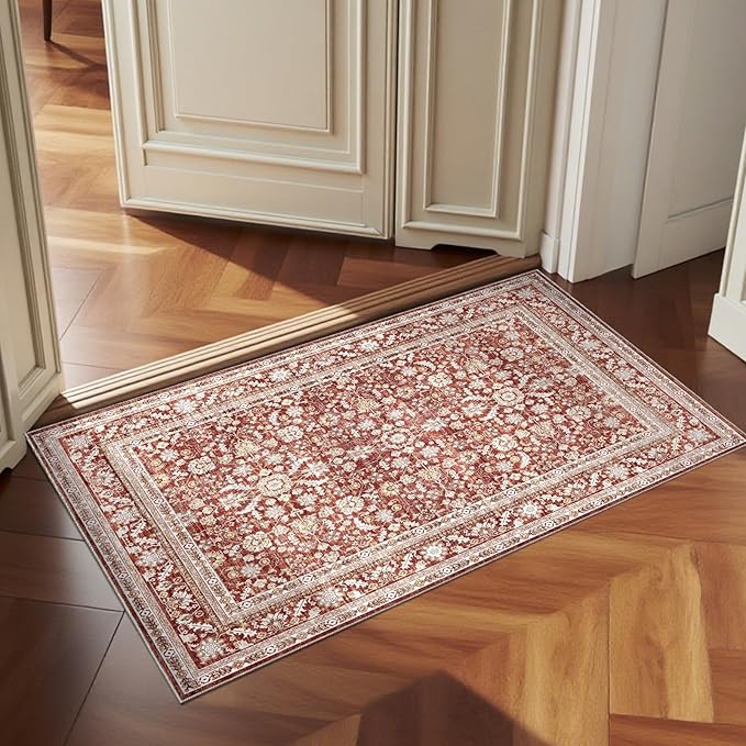 OPPODREAM Vintage Red 2x3 Washable Rug, 2 x 3 Retro Door Mat Indoor Entrance Non Slip, Low-Pile Faux Wool Throw Carpet, Distressed Floor Mat for Kitchen, Hallway, Entry-Way, Back Door