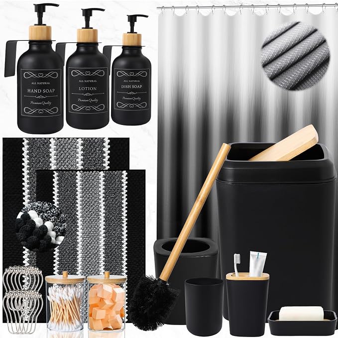 XLHOMO 34PCS Black Bathroom Accessories Sets Complete, with Shower Curtain, Rugs, Trash Can and Toilet Brush, 3PCS 17oz Soap Dispenser Wall Mounted, Toothbrush Holder and Cup, Soap Dish, Qtip Holder