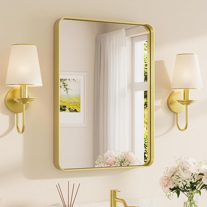 TETOTE Gold Framed Mirror for Bathroom, 22 x 30 Inch Vanity Mirror for Wall, Brushed Brass Rectangle Round Corner Entry Way Golden Frame Mirror 2 Inch Thick Frame(Horizontal/Vertical)