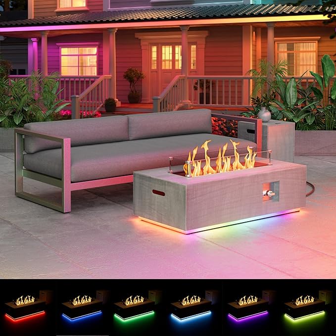 2-Piece 42" LED Rectangular Propane Fire Pit for Outside Patio with Hidden Tank Table, 50,000 BTU Fireplaces with Glass Wind Guard, Lid, Glass Rocks, Cover(Light Grey w/RGB Light)