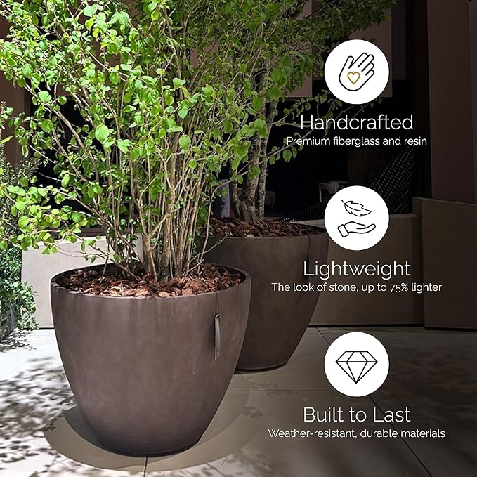 Lupo Tapered Planter – Concrete Stone Finish – Fiberglass Indoor/Outdoor and Weather-Resistant Medium Planter (24.4" D x 18.7" H Exterior, 23.1" D x 18.1" H Interior)