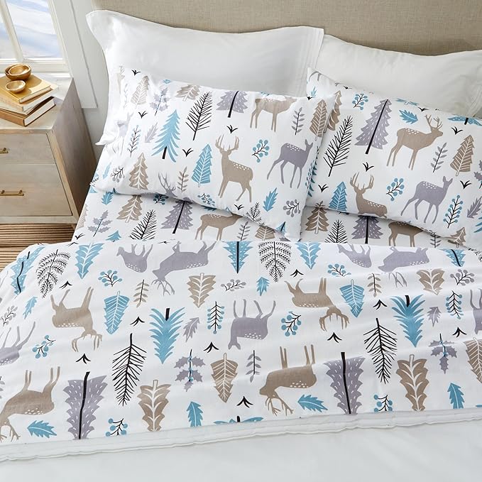 Market & Place 100% Turkish Cotton Flannel Sheet Set | 4 Piece Deep Pocket Novelty Cozy Winter Bed Sheets | Double Brushed for Extra Softness & Comfort | Alpine Collection (King, Holiday Deer)