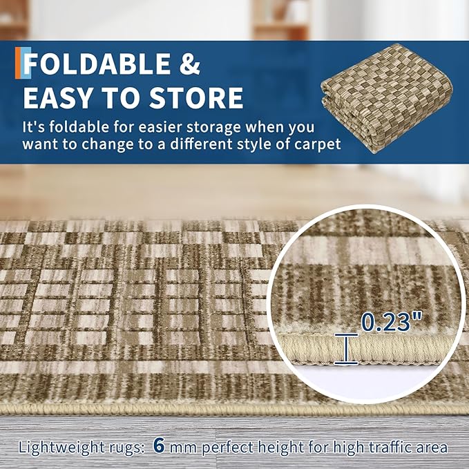 Washable Rugs 9 x 12 Rug for Living Room Modern Bedroom Rug Contemporary Large Area Rug Non Slip Throw Rugs Checkered Farmhosue Stain Resistant Carpet for Office Dining Room 9'x12' Brown