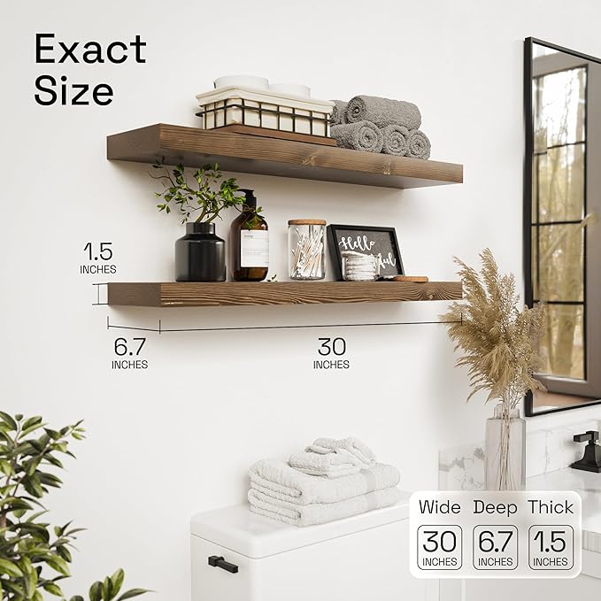 BAOBAB WORKSHOP Wood Floating Shelves for Wall 30 Inches Long, Solid Wooden Bathroom Shelf Large, Heavy Duty Wall Shelf 30 Inch Kitchen Bedroom Rustic Farmhouse, Walnut Shelves, 30W × 6.7D, Set of 2