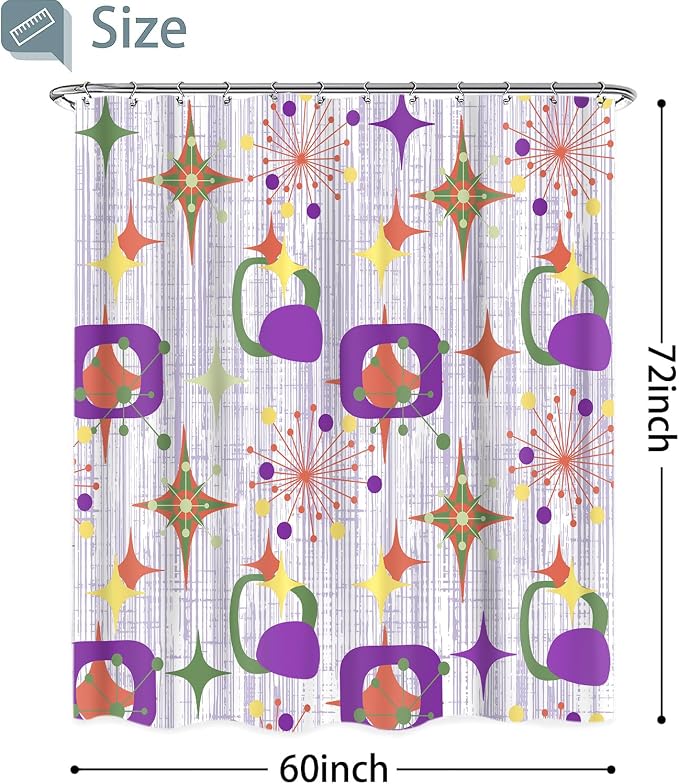 Mid Century Shower Curtain, 60x72inch, Modern Abstract Retro Purple Striped Geometric Shower Curtain Sets 1950s Boho Bathroom Shower Curtain with 10 Hooks