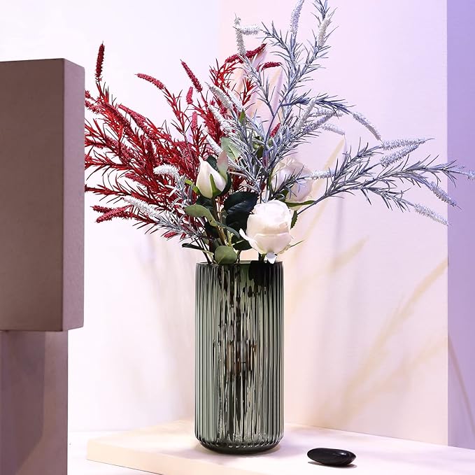 Large Cylinder Ribbed Green Glass Flower Vase for Farmhouse Dining Table Centerpieces Decor