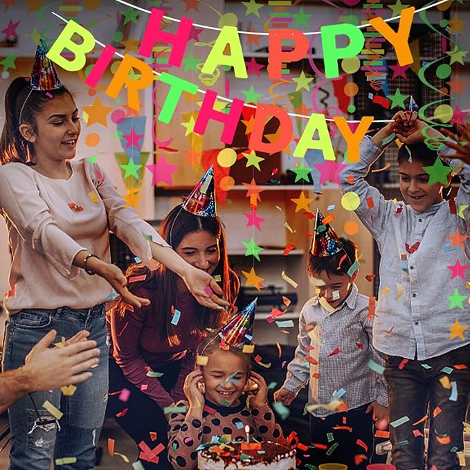 Neon 'Happy Birthday' Banner, UV Glow Party Supplies & Decorations, Neon Color, Letter Print, 118.08 x 8.7 Inches, Birthday Occasion