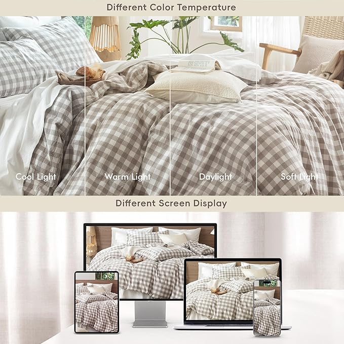 MooMee Gingham Duvet Cover Set 100% Washed Cotton Linen Like Textured Breathable Durable Soft Comfy Modern Checkered Design (Buffalo Plaid Tannish Linen Grey, Twin 68"x90")