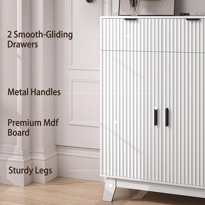 BOXACTION Fluted Shoe Cabinet, 4-Tier Mid Century Modern Narrow Shoe Storage Cabinet with Doors & 2 Drawers, Adjustable Shelves, Freestanding Hidden Shoe Rack Organizer & Wooden Legs for Entryway
