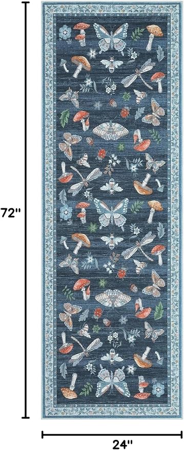 Washable 2x6 Vintage Runners for Hallway Entryway Retro Distressed Kitchen Carpet Runner Low Pile Soft Bedside Boho Carpet Non Slip Bath Rug Non Shed Thin Floral Accent Carpets, Blue