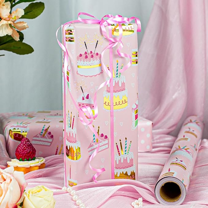 Homeral Pink Birthday Wrapping Paper Roll - 17 In x 33 Ft (46.5 sqft) Gift Wrap with Metallic Foil Cakes, Colorful Candles and Polka Dot Pattern for Girls Birthday, Baby Shower, Party, Valentines Day