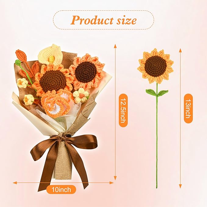 Crochet Flower Bouquet Crochet Flowers Gift for Her Wife Women for Graduation Birthday Wedding Anniversary Handmade Crochet Bouquet with Sunflower Lily of the Valley Calla Lily Carnation (Vintage)