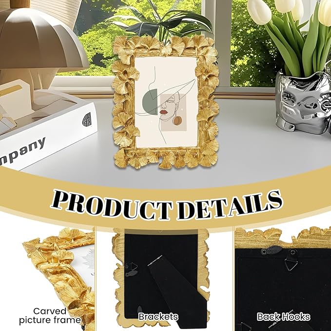 Gold Picture Frames, 4x6 Vintage Gold Frames, Ornate Ginkgo Leaf Textured Hand-Crafted Resin with Glass Front, Antique Photo Frame for Tabletop or Wall Hanging, Retro Design Home Decor