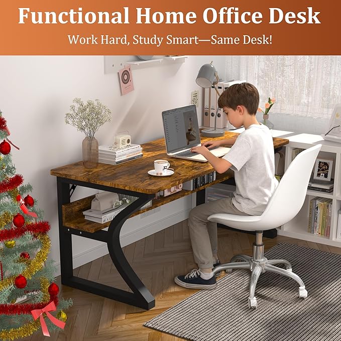 AZN Computer Desk, 47'' Computer Desk, Home Office Desks w/Storage, Home Office Desks w/U-Size Metal Frame for Home Office Bedroom, Study Writing Work Table w/Water-Resistant, Scratchproof Surface