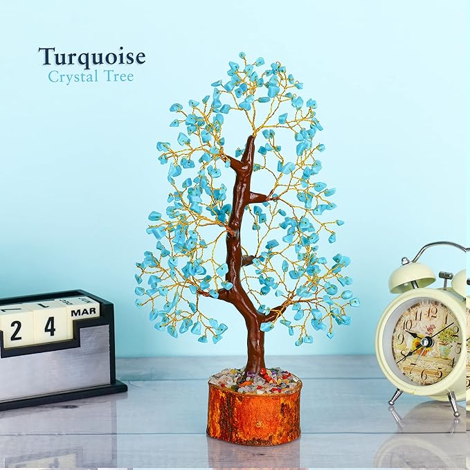 YATHABI Turquoise Crystal Sculpture - Feng Shui Money Tree - Good Luck, Positive Energy - Decorative Desk Accessory