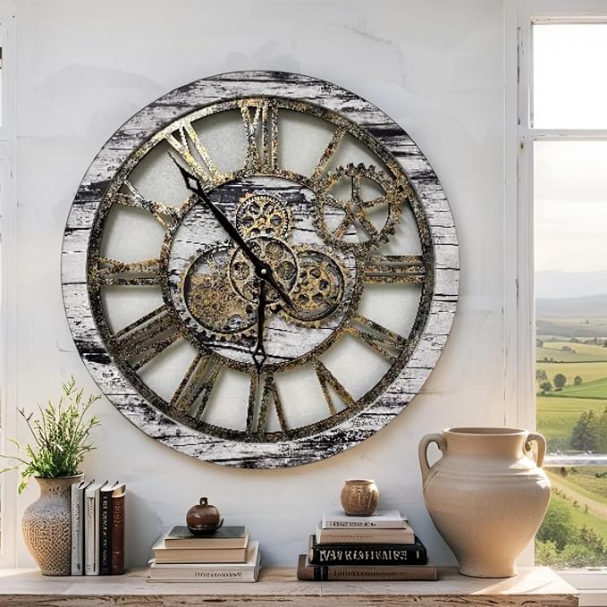 ImprovingLife The Gears Clock The Original Real Moving Gear Wall Clock Vintage Industrial Oversized Rustic Farmhouse (24 inch (60cm), Vintage Grey and White)