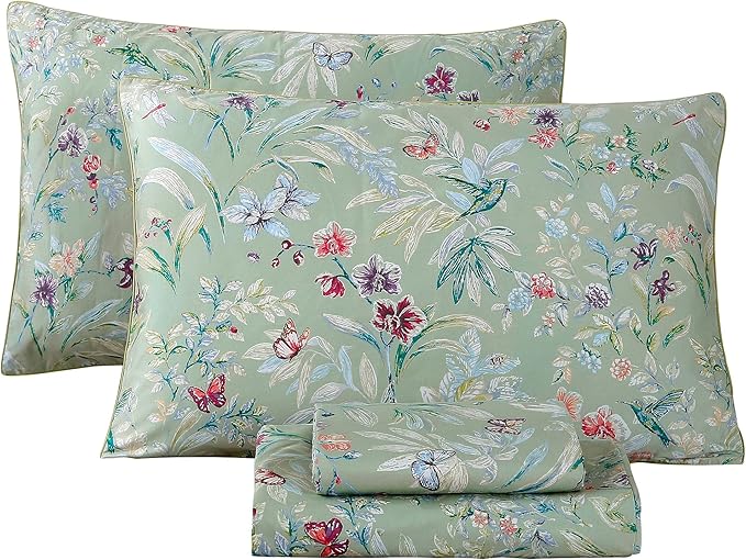 RYNGHIPY Shabby Flowers Print Bed Sheet Collections Egyptian Cotton Garden Floral Sheets (Green Floral,King Size)