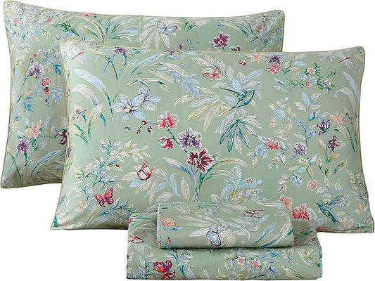 RYNGHIPY Shabby Flowers Print Bed Sheet Collections Egyptian Cotton Garden Floral Sheets (Green Floral,King Size)