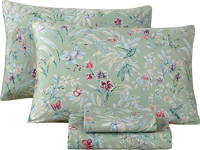 RYNGHIPY Shabby Flowers Print Bed Sheet Collections Egyptian Cotton Garden Floral Sheets (Green Floral,Queen Size)