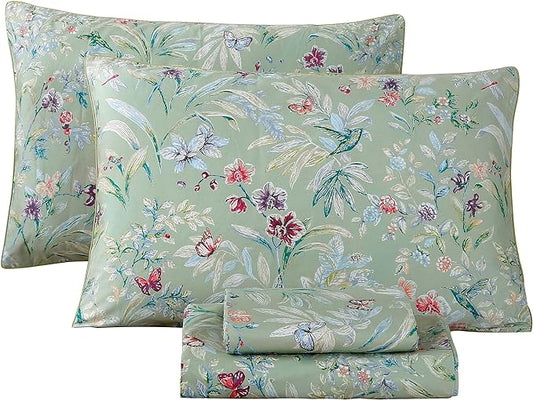 RYNGHIPY Shabby Flowers Print Bed Sheet Collections Egyptian Cotton Garden Floral Sheets (Green Floral,Queen Size)