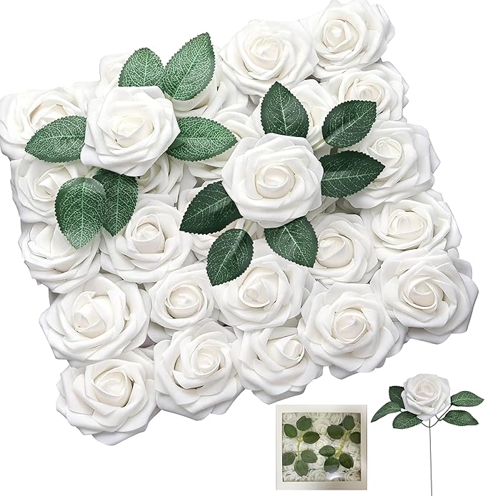 Ivory White Artificial Roses 25pcs, Real Looking Fake Foam Flowers with Stems for DIY Wedding Bridal Bouquets, Centerpieces, Party, Baby Shower, Christmas Decor