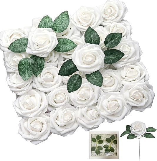 Ivory White Artificial Roses 25pcs, Real Looking Fake Foam Flowers with Stems for DIY Wedding Bridal Bouquets, Centerpieces, Party, Baby Shower, Christmas Decor