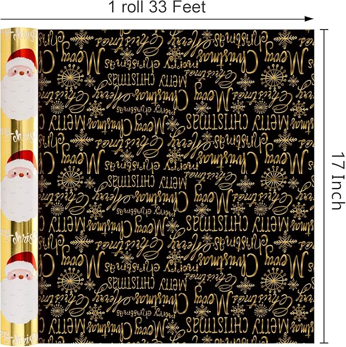 MAYPLUSS Gold Santa Claus Wrapping Paper Roll, 17IN X 33FT Christmas Gift Wrap Paper Featuring Reversible Merry Christmas for Holiday New Year Kids