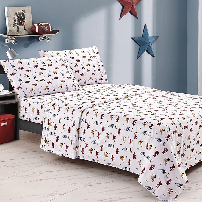 Viviland 3 Pieces Boys White Twin Sheet Set - Soft Microfiber Fitted Flat Sheets & Pillowcase Bed Sheet Set- Red Excavator Construction Tractor Truck Bedding Sets - for Kids & Toddlers