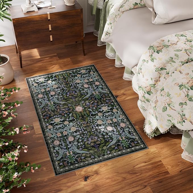 AMTOVO 2x3 Washable Entryway Area Rug Door Mat, Vintage Boho Floral Distressed Print Non-Slip Carpet, Small Throw Rug for Indoor Entrance Kitchen Bedroom Bathroom Laundry Floor, Black