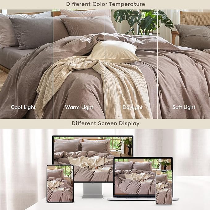 MooMee Bedding Duvet Cover Set 100% Washed Cotton Linen Like Textured Breathable Durable Soft Comfy (Heathered Mauve Brown, Cal King 104"x98")