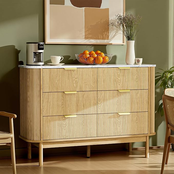 Fluted 6 Drawer Dresser for Bedroom, 47" Wide Chest of Drawers with Faux Marble Top & Curved Profile Design, Modern Dresser TV Stand, Wood Drawer Storage Organizer for Living Room, Natural