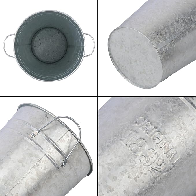 4 Packs 12 Inch Galvanized Metal Vases with Handles, Rustic Flower Buckets for Cut Flowers, Country Wedding, Table Centerpiece Decorations