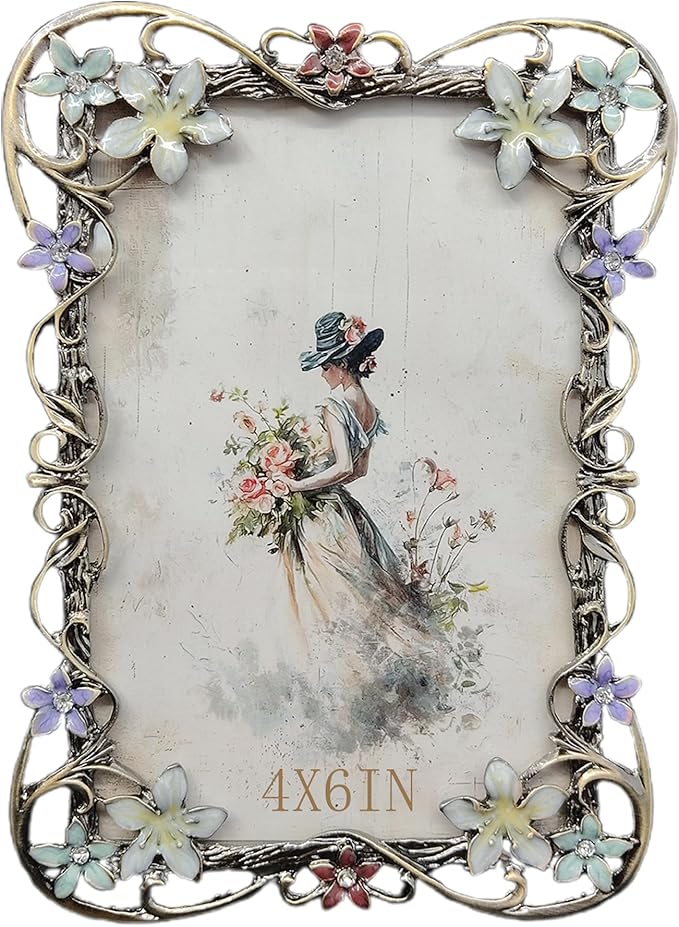 Vintage 4X6 Floral Picture Frames Luxury Unique Ornate Antique Metal Photo Frame of HD Glass for Tabletop/Wall Display Gifts for Women (Retro Colored Flowers)