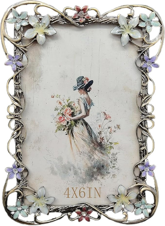 Vintage 4X6 Floral Picture Frames Luxury Unique Ornate Antique Metal Photo Frame of HD Glass for Tabletop/Wall Display Gifts for Women (Retro Colored Flowers)