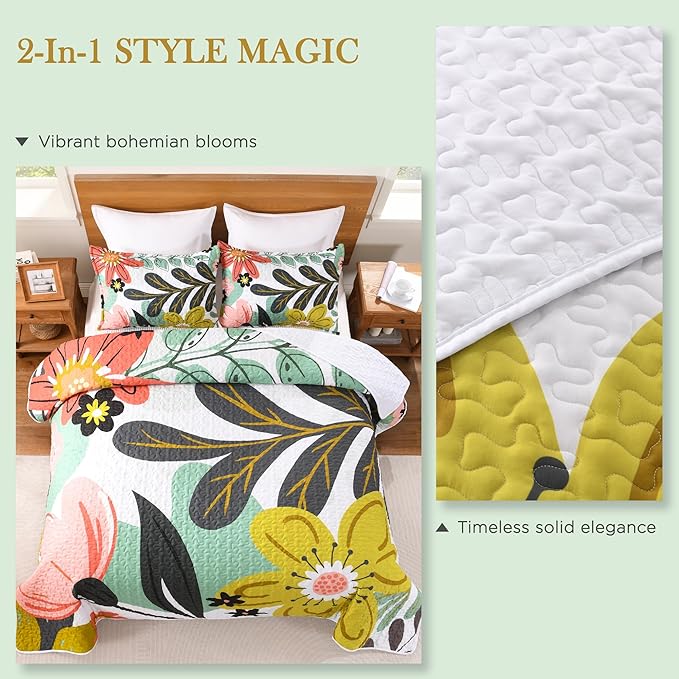 Andency Floral Boho Quilt King Size Bedding Set Green, 3 Pieces Farmhouse Flower Botanical Summer Bedspreads with 2 Shams, Soft Reversible Lightweight Microfiber Coverlet Set for All Season, 106"x96"