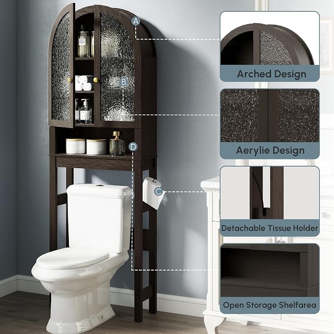 HMstone Over The Toilet Storage Cabinet, Arched Bathroom Organizer and Storage with Acrylic Doors and Adjustable Shelf, Space Saver Freestanding Bathroom Modern Storage Cabinet Over Toilet Dark Brown