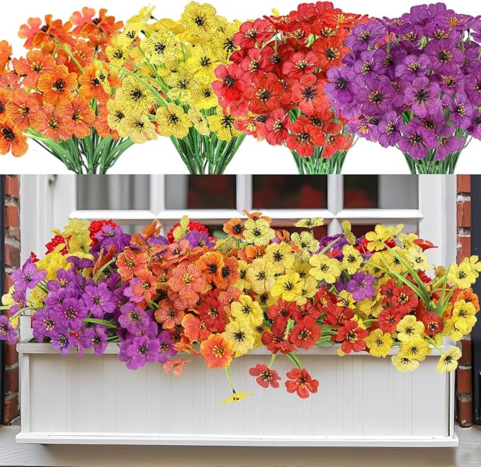 Nepfaivy Artificial Flowers for Outdoors Uv-Resistant - 24 Bundles 4 Colors No-Fade Faux Flowers for Outdoor Planters to Decor Patio Porch Garden Yard, Silk Realistic Faux Outside Flowers Bulk