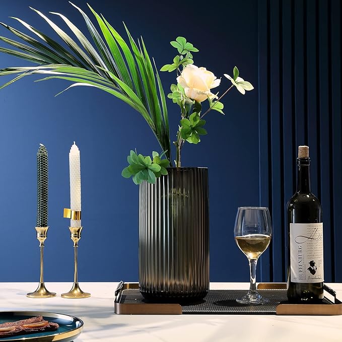 Large Cylinder Ribbed Brown Glass Flower Vase for Farmhouse Dining Table Centerpieces Decor