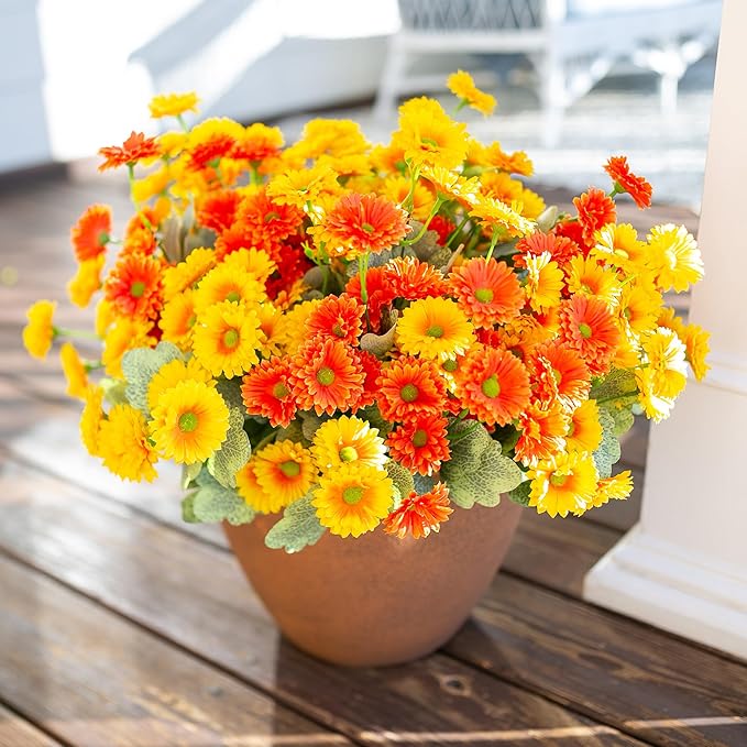 HyeFlora Dahlia Artificial Winter Flowers for Outdoors Christmas Decoration, 6 Bundles Fake Daisy Faux Plants Realistic UV Resistant Silk Flowers for Outside Planter Yard Garden Home, Orange Yellow