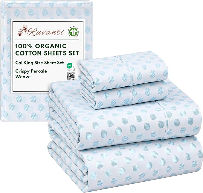 RUVANTI 100% Organic Cotton Sheets California King, Percale Weave, GOTS Certified, 4-Piece Set, Deep Pocket 13", Crisp & Breathable, Soft Durable Bedding, Sábanas Algodón Orgánico – Circle Imprint