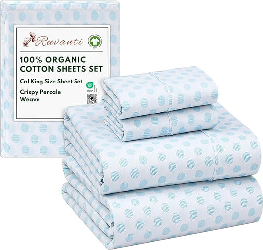 RUVANTI 100% Organic Cotton Sheets California King, Percale Weave, GOTS Certified, 4-Piece Set, Deep Pocket 13", Crisp & Breathable, Soft Durable Bedding, Sábanas Algodón Orgánico – Circle Imprint
