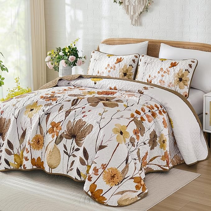 Anibedding Brown Quilt Set King Size, Floral Bedspread with 2 Pillowcases, Soft Microfiber Lightweight Coverlet Bedding Set for All Season(104"x90")