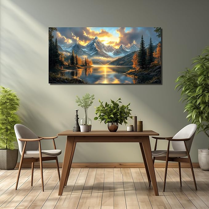 JuhaiArt Mountain Lake Canvas Wall Art Landscape Picture Artwork Gold Wall Decor for Living Room Bedroom Office Sunset Poster 24" x 48"